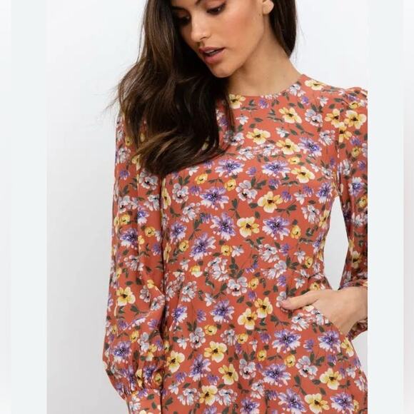 YUMI KIM Love Me Tender Midi Dress Rust Floral Long Sleeves Small Petite SP - Picture 2 of 10